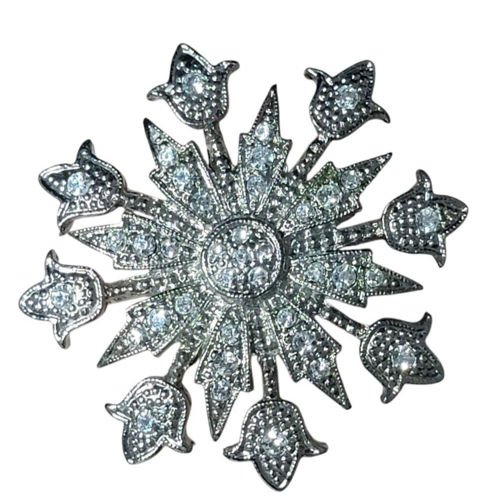 Crystal Snowflake Brooch Sparkling Clear Stones Silver Tone Metal